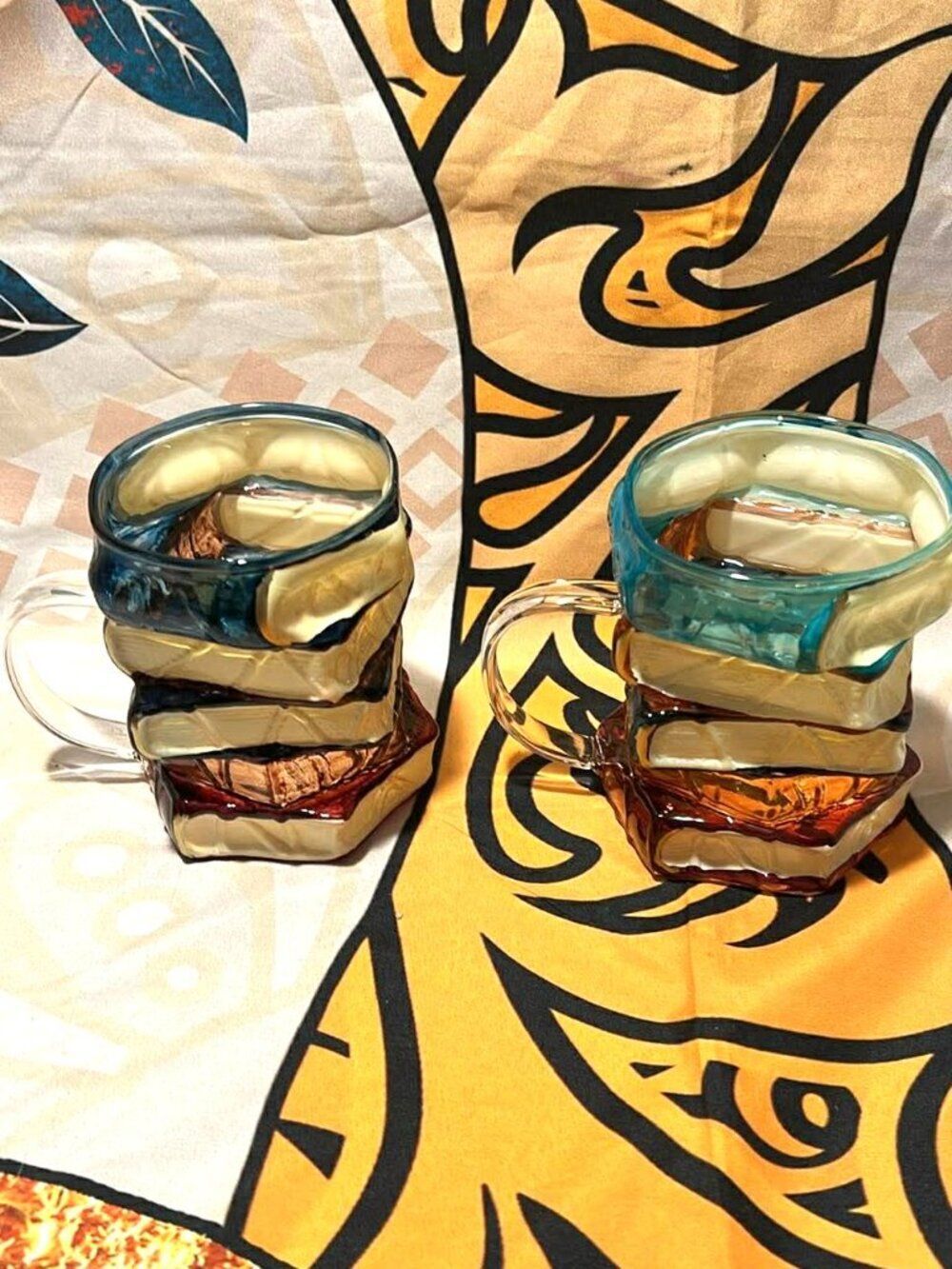 Set of 2 Stacked Book Glass Mugs – Colorful Novelty Coffee Cups